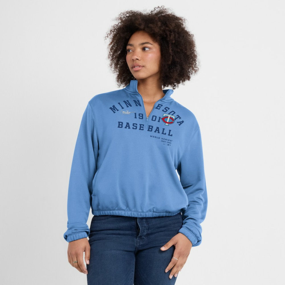 Minnesota Twins Nike Women's Rewind Splice Half-Zip Semi-Cropped Bubble Hem Sweatshirt - Light Blue Sweatshirts