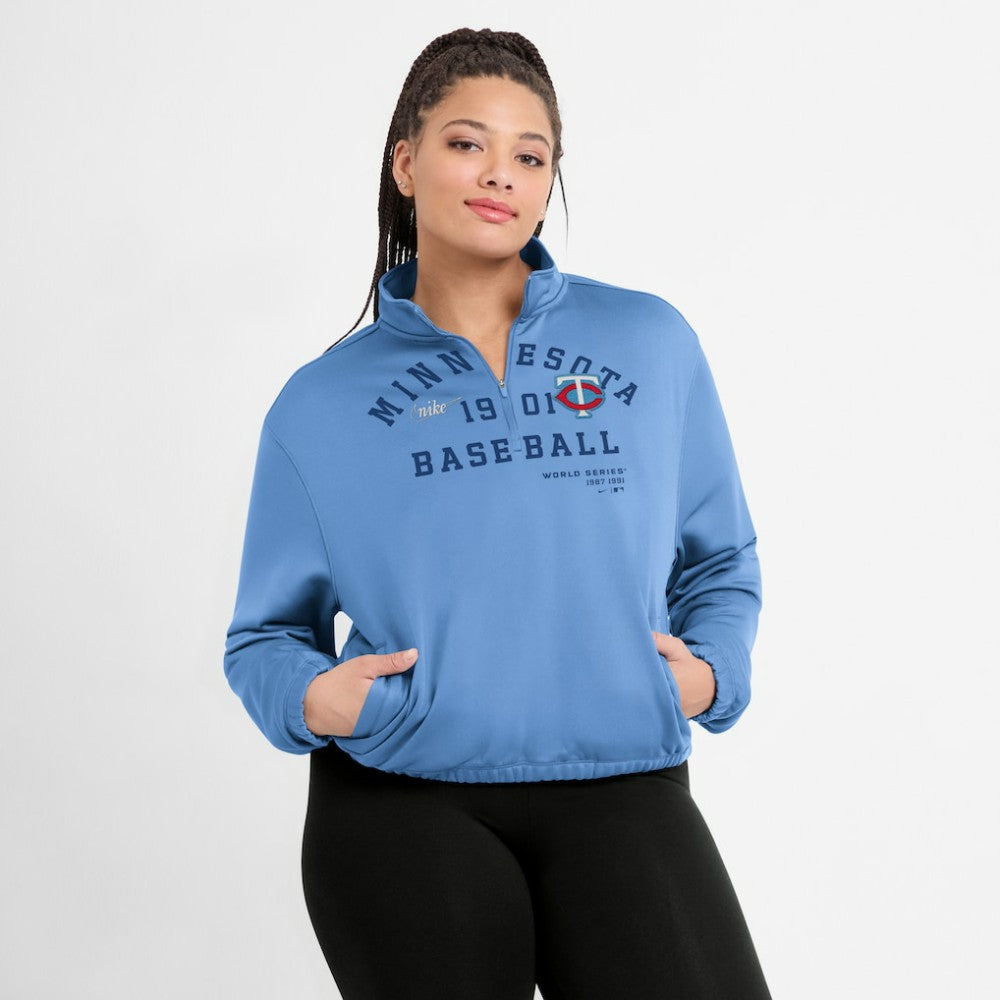 Minnesota Twins Nike Women's Rewind Splice Half-Zip Semi-Cropped Bubble Hem Sweatshirt - Light Blue Sweatshirts