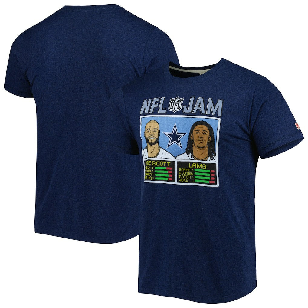 CeeDee Lamb & Dak Prescott Dallas Cowboys Homage Unisex NFL Jam Tri-Blend T-Shirt Heathered Navy