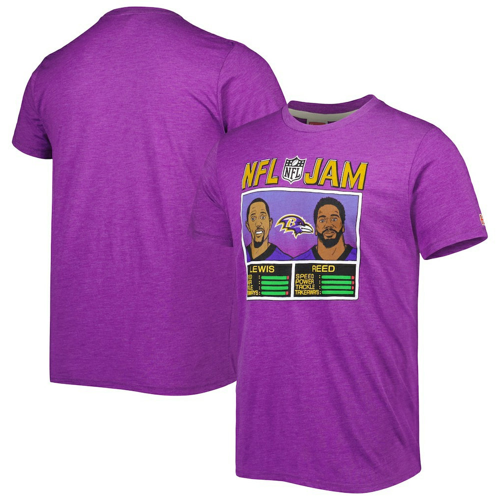 Ray Lewis & Ed Reed Baltimore Ravens Homage Unisex NFL Jam Retired Tri-Blend T-Shirt Heather Purple