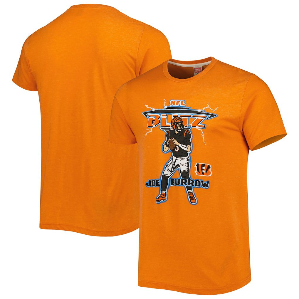 Joe Burrow Cincinnati Bengals Homage Unisex NFL Blitz Player Tri-Blend T-Shirt Heather Orange