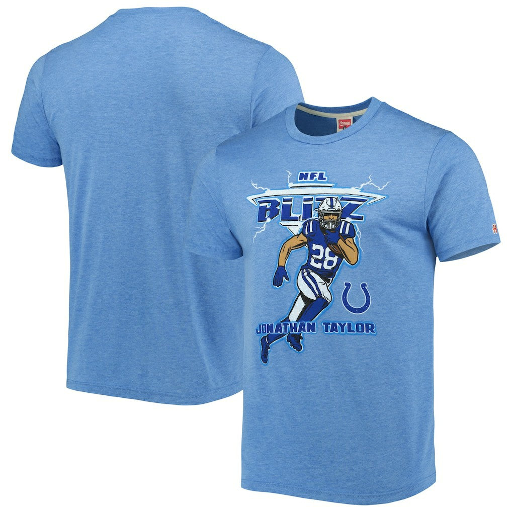 Jonathan Taylor Indianapolis Colts Homage Unisex NFL Blitz Player Tri-Blend T-Shirt Heathered Heather Royal