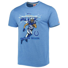 Jonathan Taylor Indianapolis Colts Homage Unisex NFL Blitz Player Tri-Blend T-Shirt Heathered Heather Royal