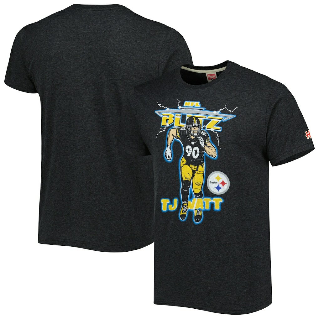 T.J. Watt Pittsburgh Steelers Homage Unisex NFL Blitz Player Tri-Blend T-Shirt Heathered Heather Charcoal
