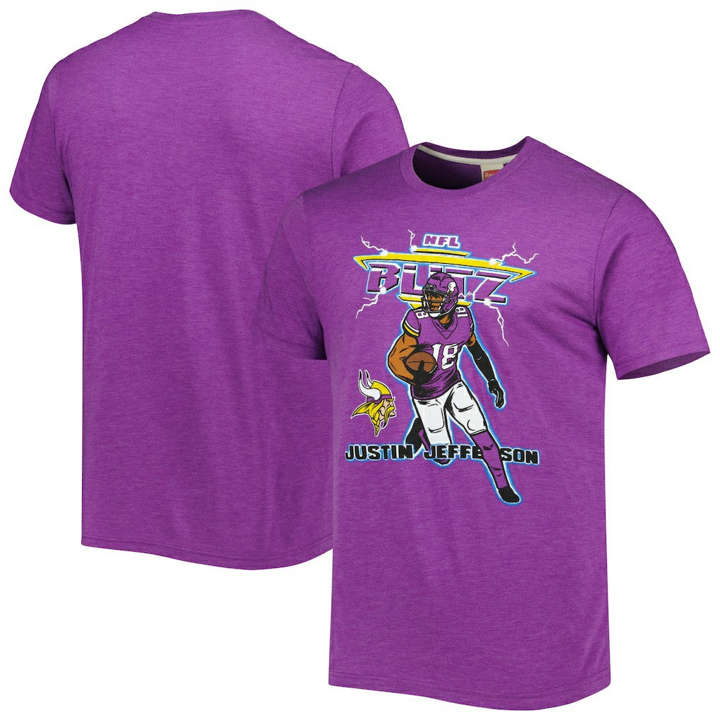Justin Jefferson Minnesota Vikings Homage Unisex NFL Blitz Player Tri-Blend T-Shirt Heathered Heather Purple