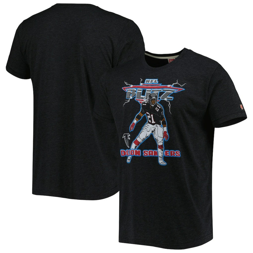 Deion Sanders Atlanta Falcons Homage Unisex NFL Blitz Retired Player Tri-Blend T-Shirt Heathered Heather Black