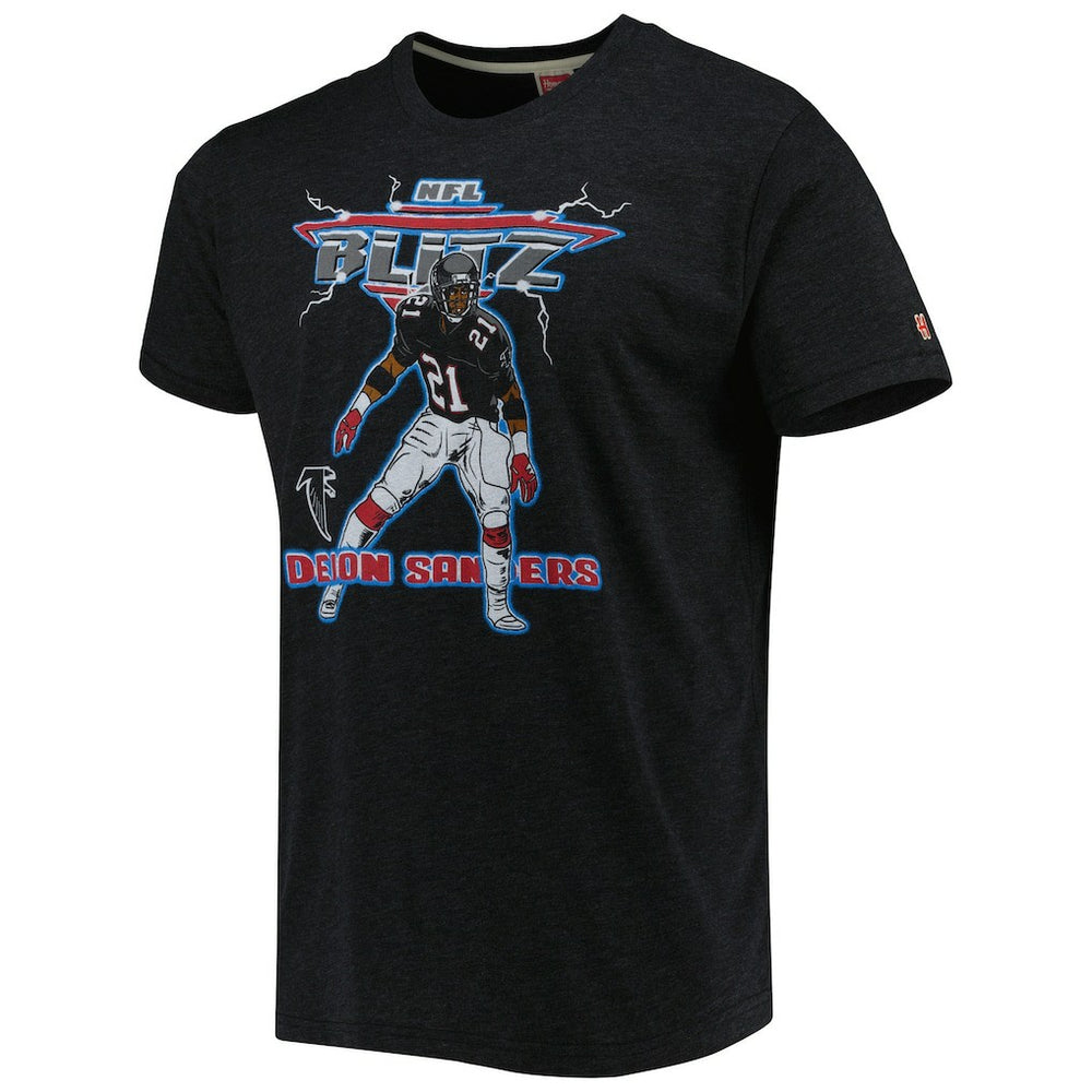 Deion Sanders Atlanta Falcons Homage Unisex NFL Blitz Retired Player Tri-Blend T-Shirt Heathered Heather Black
