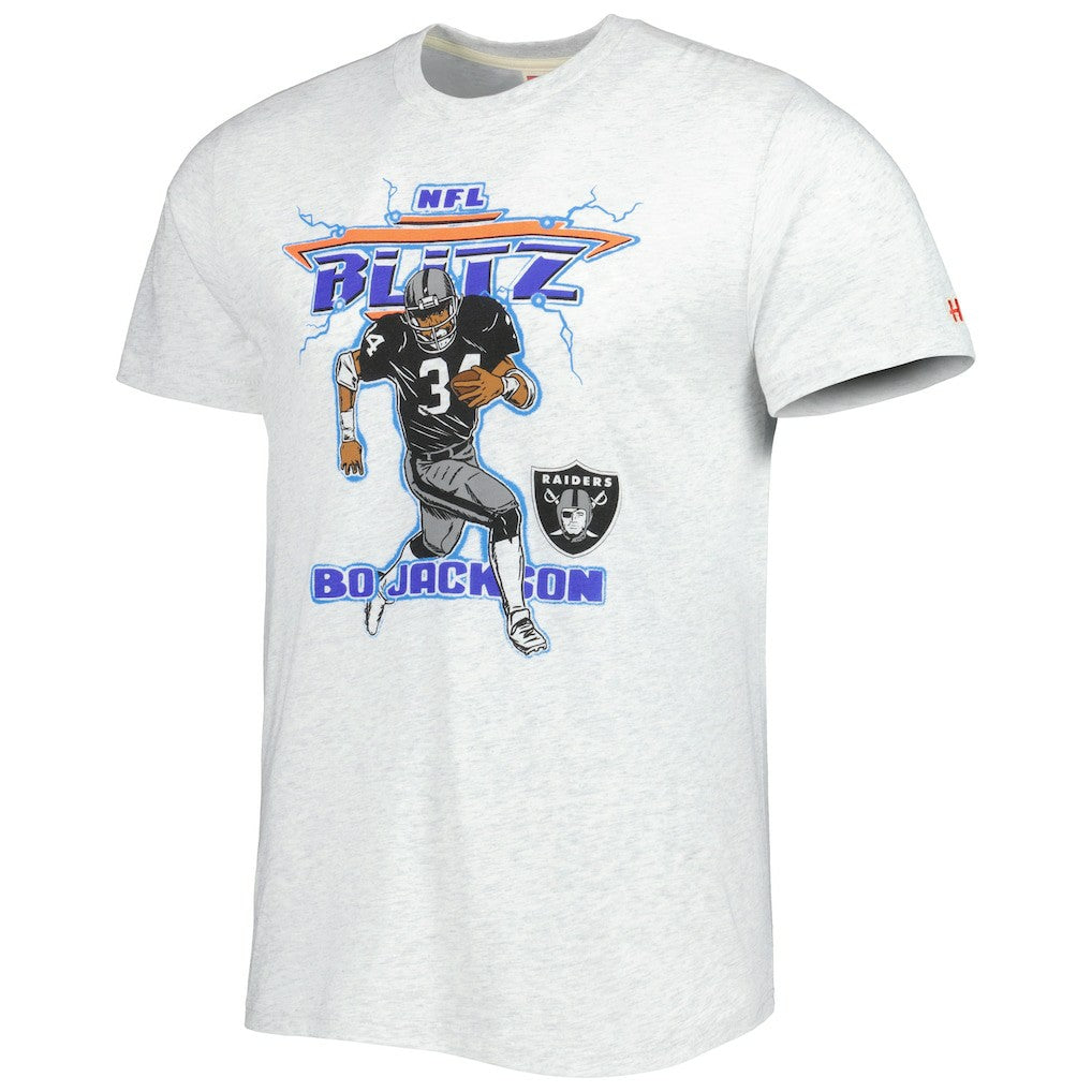 Bo Jackson Las Vegas Raiders Homage Unisex NFL Blitz Retired Player Tri-Blend T-Shirt Heathered Ash