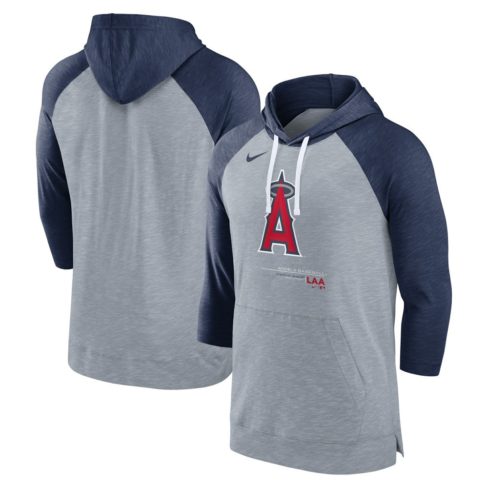 Los Angeles Angels Nike Baseball Raglan 3/4-Sleeve Pullover Hoodie - Heather Gray/Heather Navy Hoodies