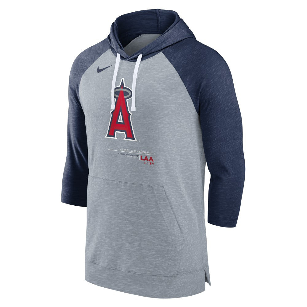 Los Angeles Angels Nike Baseball Raglan 3/4-Sleeve Pullover Hoodie - Heather Gray/Heather Navy Hoodies