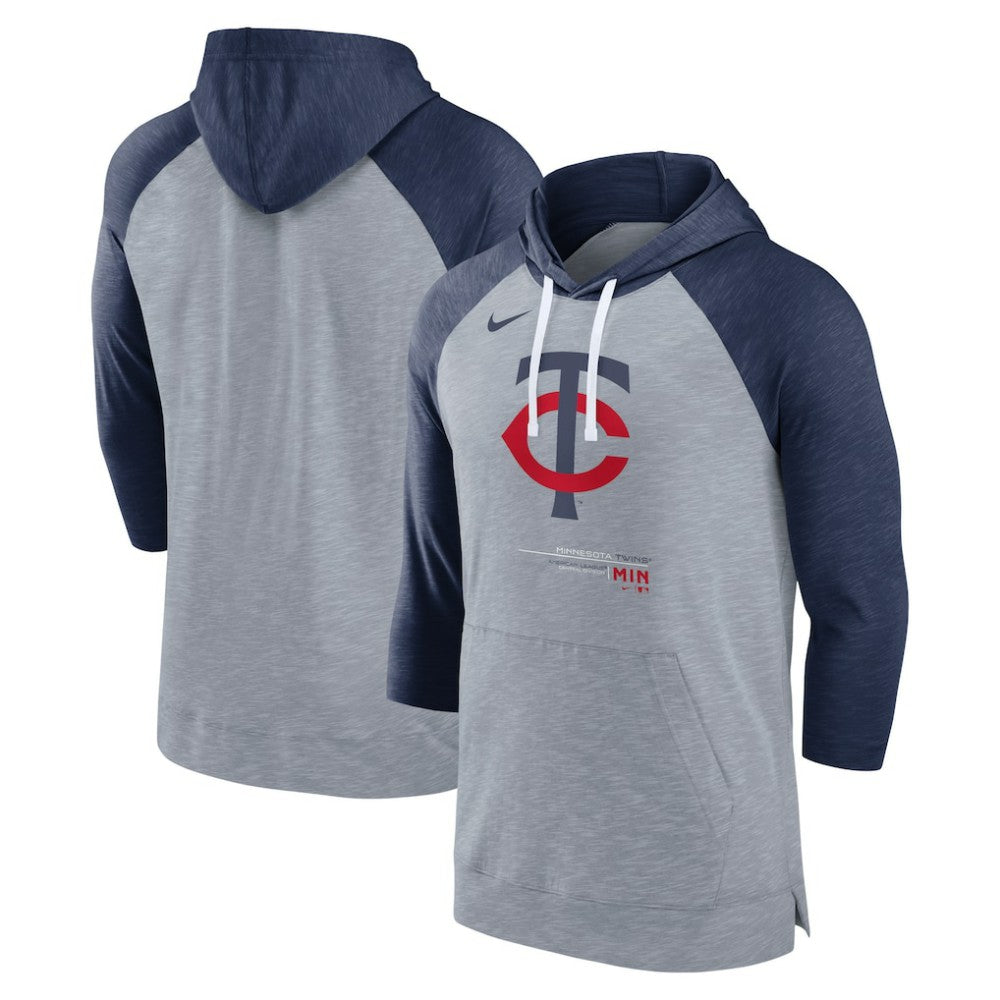 Minnesota Twins Nike Baseball Raglan 3/4-Sleeve Pullover Hoodie - Heather Gray/Heather Navy Hoodies