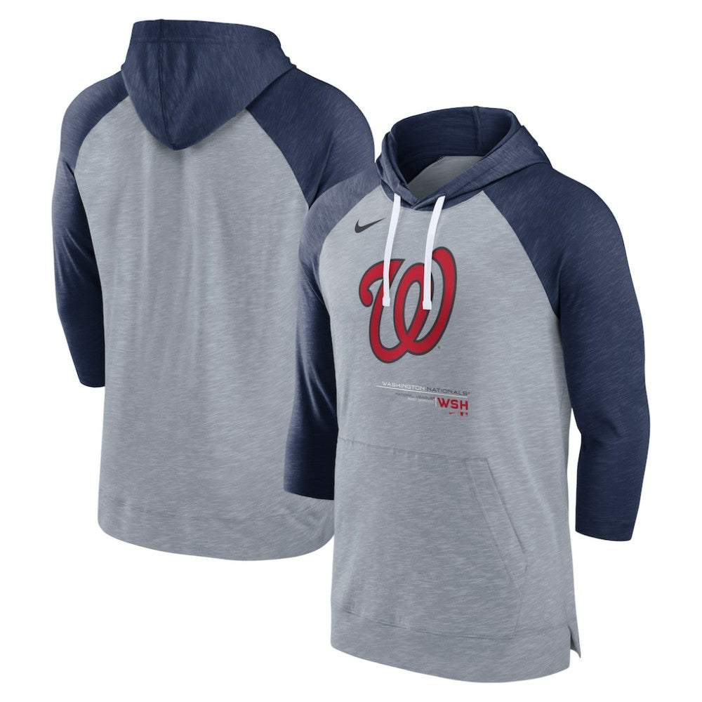 Washington Nationals Nike Baseball Raglan 3/4-Sleeve Pullover Hoodie - Heather Gray/Heather Navy Hoodies