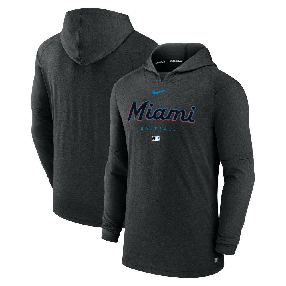 Miami Marlins Nike Authentic Collection Lightweight Dri-FIT Hooded Pullover - Heather Black Pullover