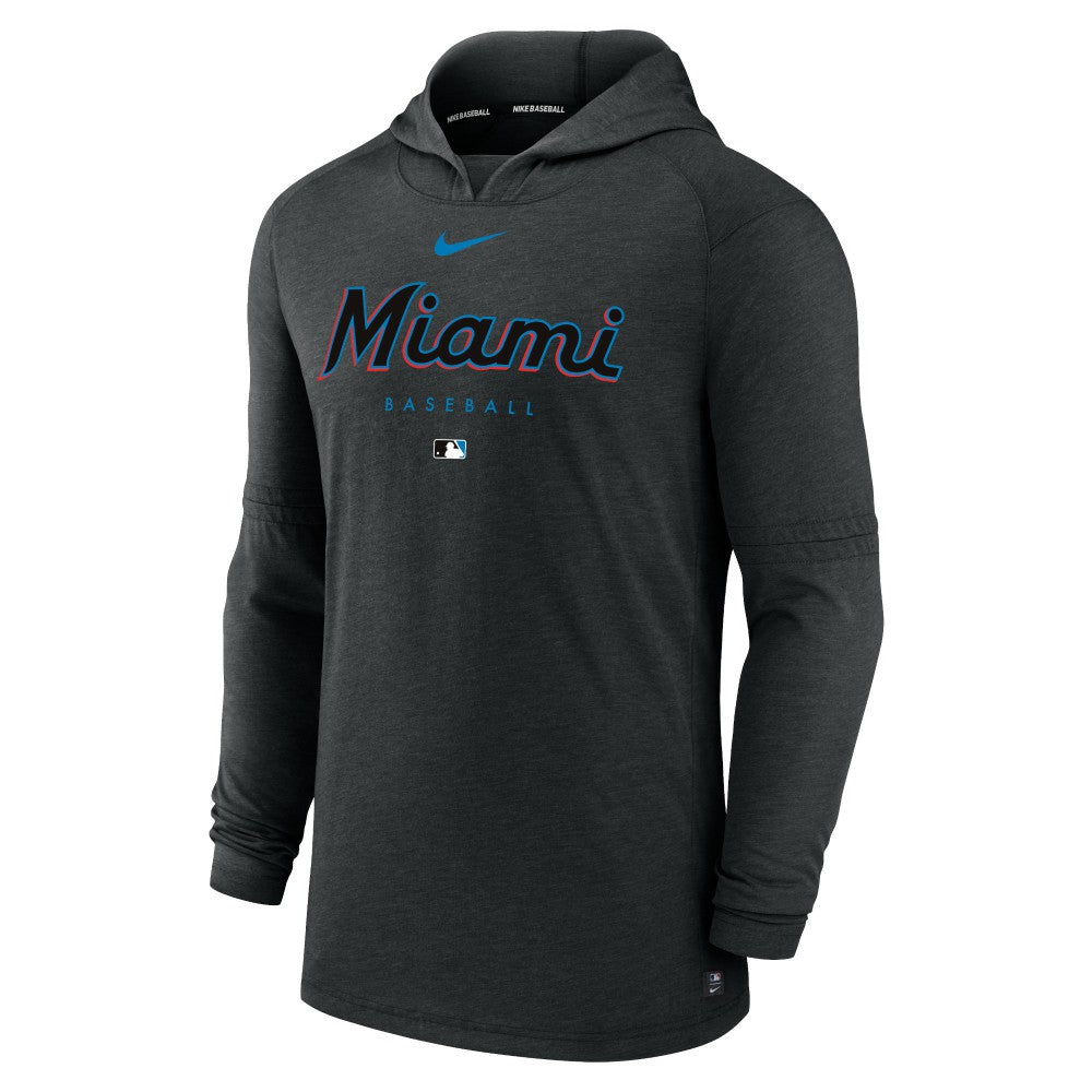 Miami Marlins Nike Authentic Collection Lightweight Dri-FIT Hooded Pullover - Heather Black Pullover