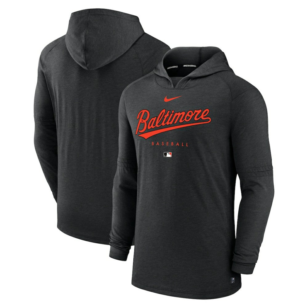 Baltimore Orioles Nike Authentic Collection Lightweight Dri-FIT Hooded Pullover - Heather Black Pullover