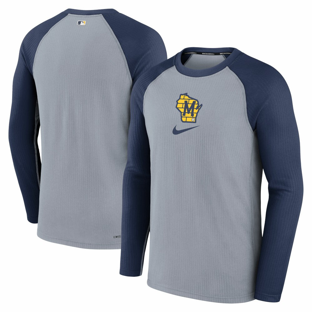 Milwaukee Brewers Nike Authentic Collection Game Raglan Performance Long Sleeve T-Shirt - Gray T-shirts