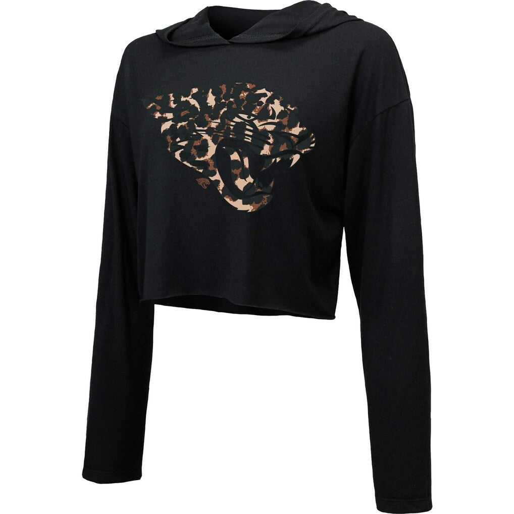 Jacksonville Jaguars Majestic Threads Women's Leopard Cropped Pullover Hoodie Black