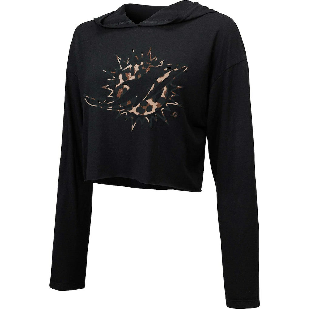 Miami Dolphins Majestic Threads Women's Leopard Cropped Pullover Hoodie Black