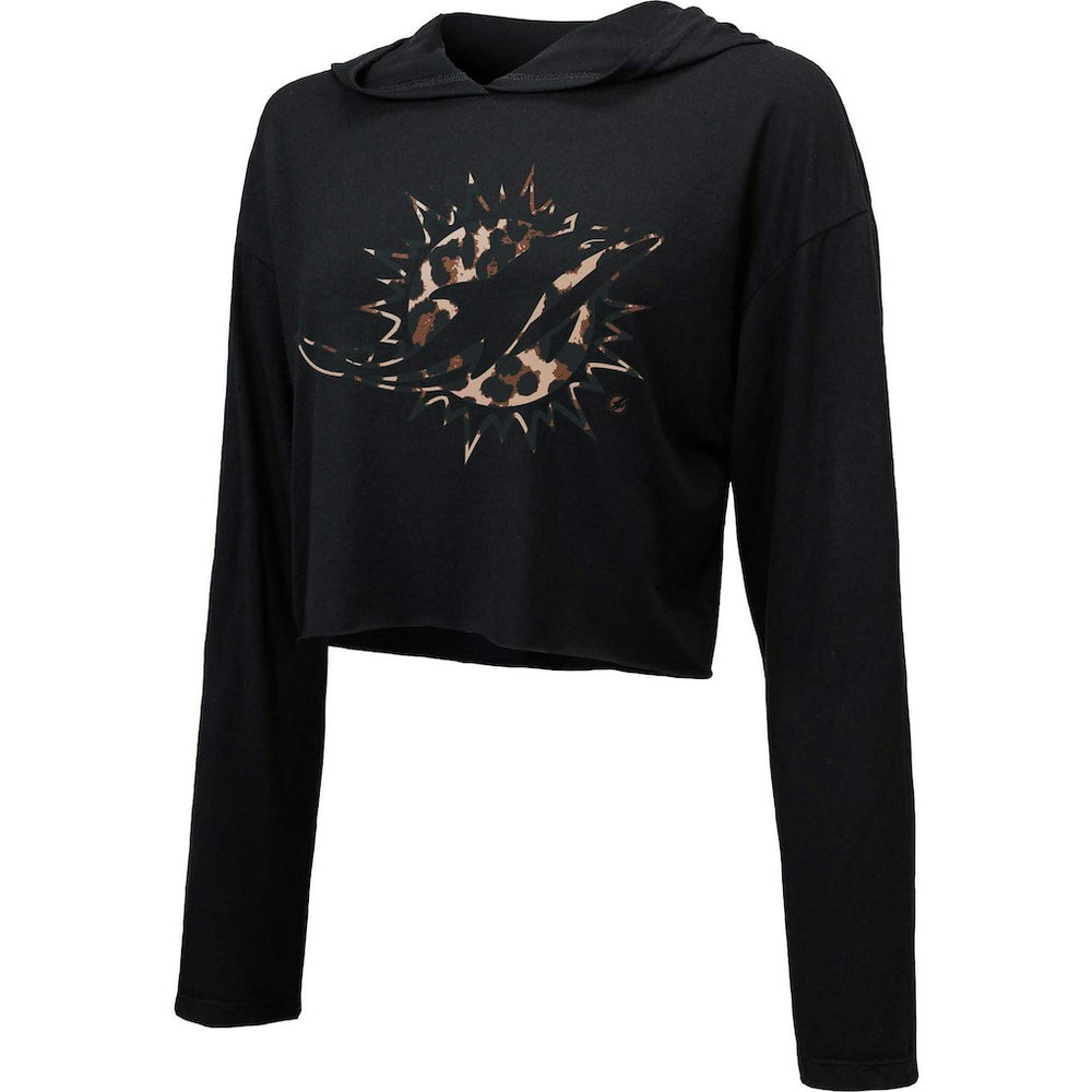Miami Dolphins Majestic Threads Women's Leopard Cropped Pullover Hoodie Black