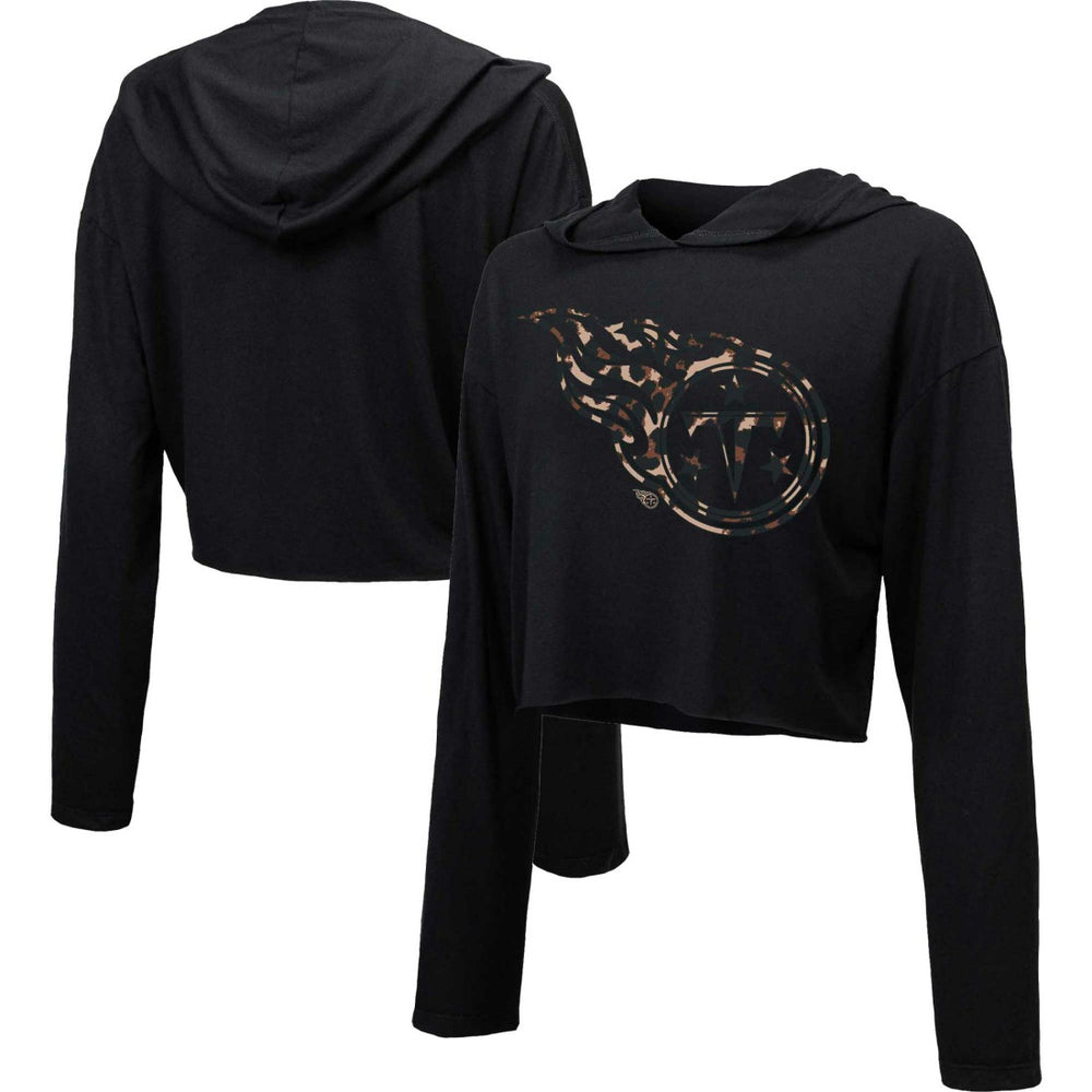 Tennessee Titans Majestic Threads Women's Leopard Cropped Pullover Hoodie Black