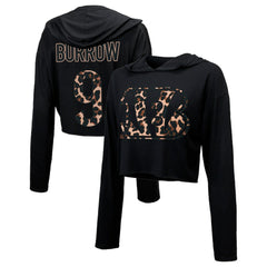 Joe Burrow Cincinnati Bengals Majestic Threads Women's Leopard Player Name & Number Long Sleeve Cropped Hoodie Black