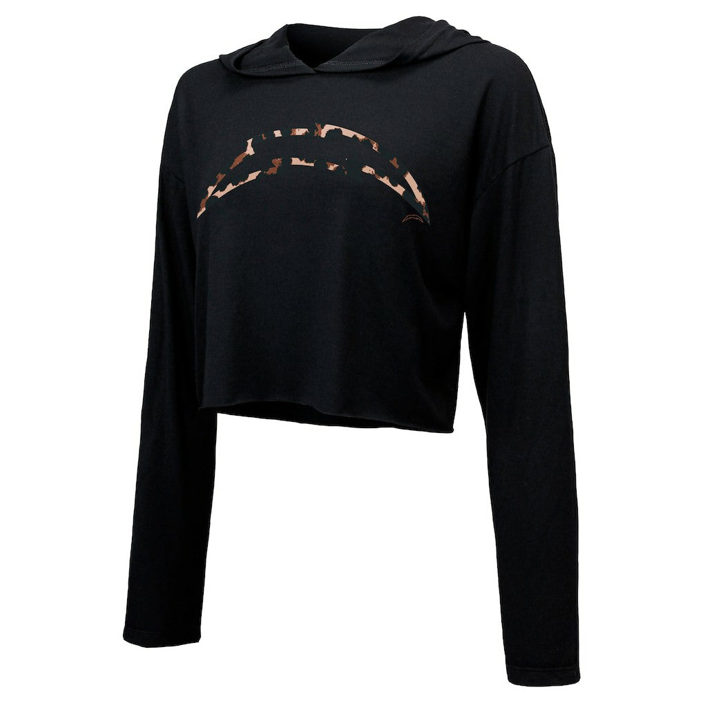 Justin Herbert Los Angeles Chargers Majestic Threads Women's Leopard Player Name & Number Long Sleeve Cropped Hoodie Black