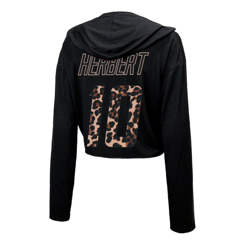 Justin Herbert Los Angeles Chargers Majestic Threads Women's Leopard Player Name & Number Long Sleeve Cropped Hoodie Black
