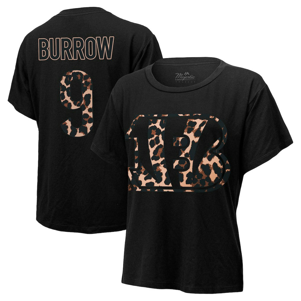 Joe Burrow Cincinnati Bengals Majestic Threads Women's Leopard Player Name & Number T-Shirt Black