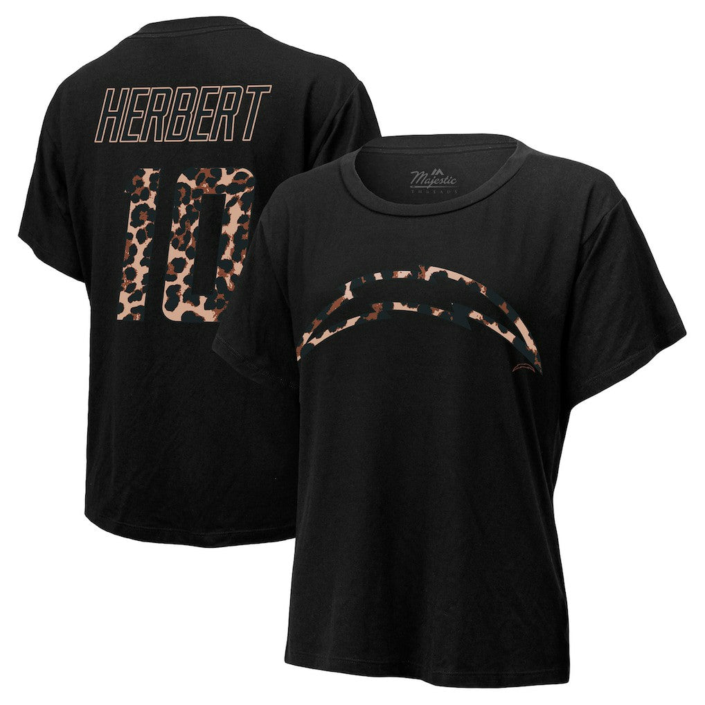 Justin Herbert Los Angeles Chargers Majestic Threads Women's Leopard Player Name & Number T-Shirt Black