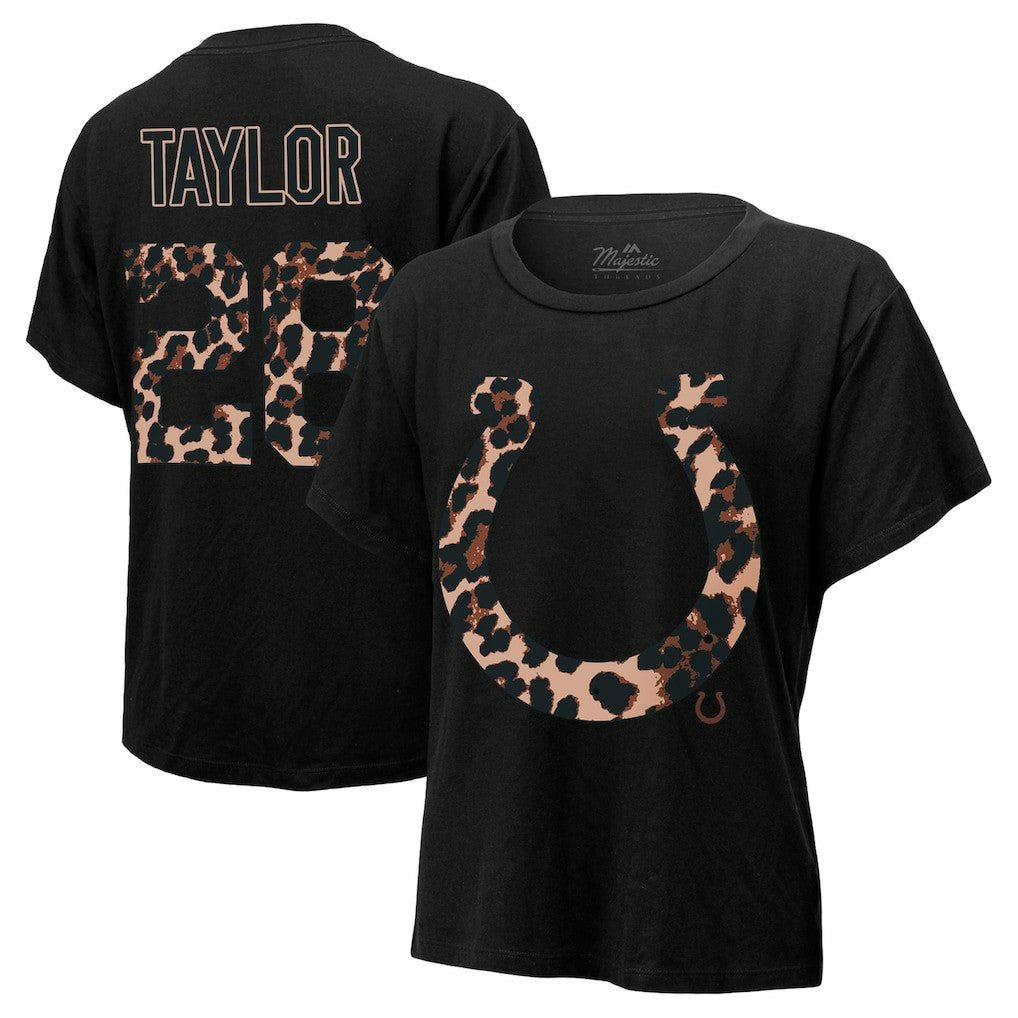 Jonathan Taylor Indianapolis Colts Majestic Threads Women's Leopard Player Name & Number T-Shirt Black