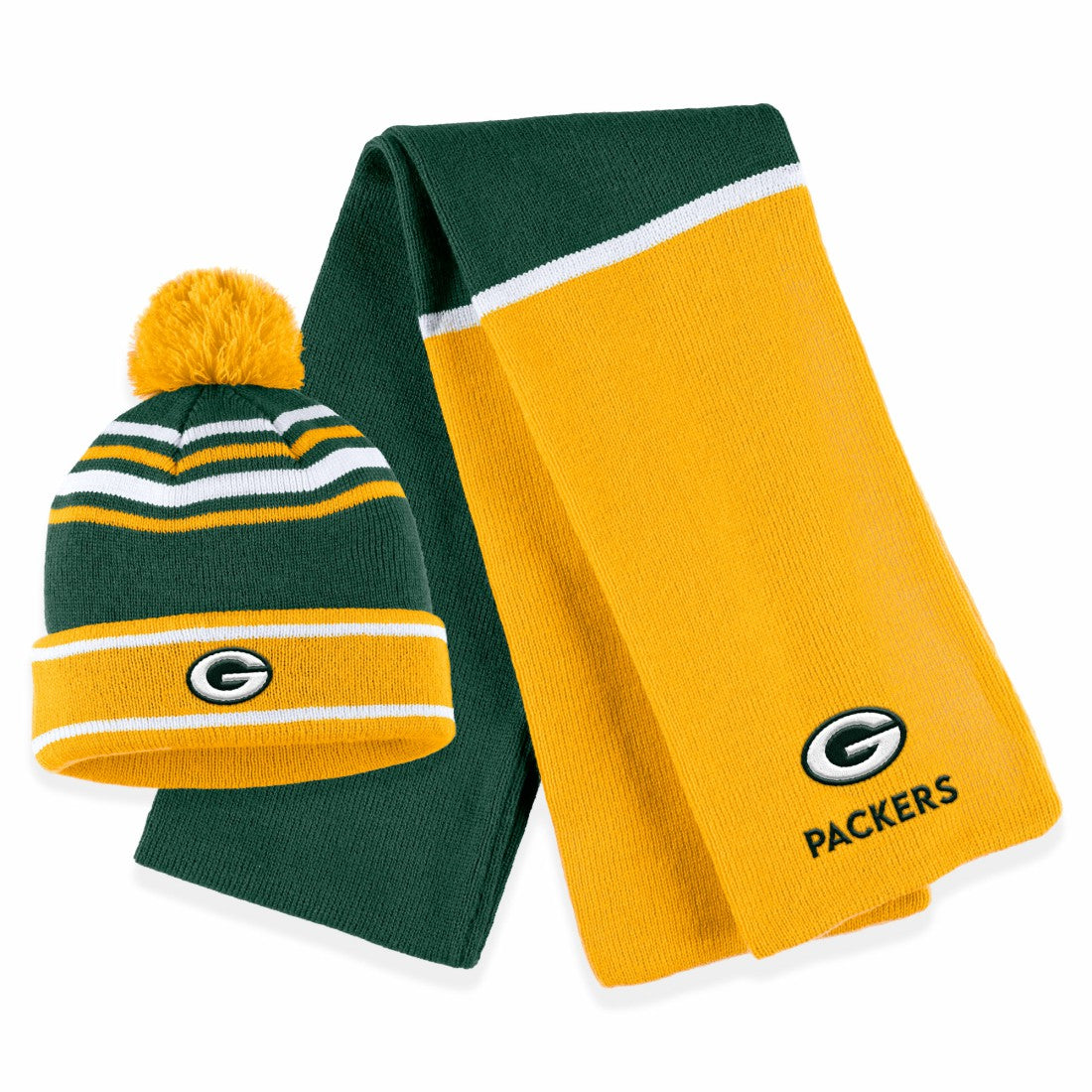 Green Bay Packers WEAR by Erin Andrews Women's Colorblock Cuffed Knit Hat with Pom and Scarf Set Green