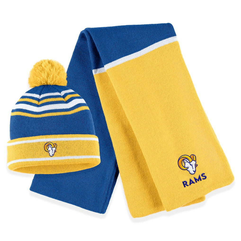 Los Angeles Rams WEAR by Erin Andrews Women's Colorblock Cuffed Knit Hat with Pom and Scarf Set Royal