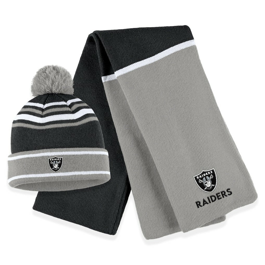 Las Vegas Raiders WEAR by Erin Andrews Women's Colorblock Cuffed Knit Hat with Pom and Scarf Set Black