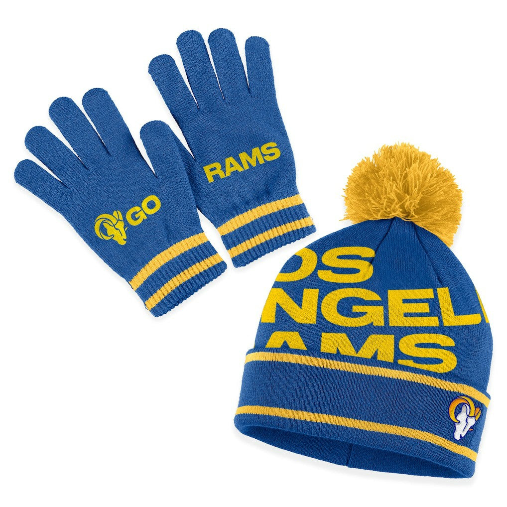 Los Angeles Rams WEAR by Erin Andrews Women's Double Jacquard Cuffed Knit Hat with Pom and Gloves Set Royal