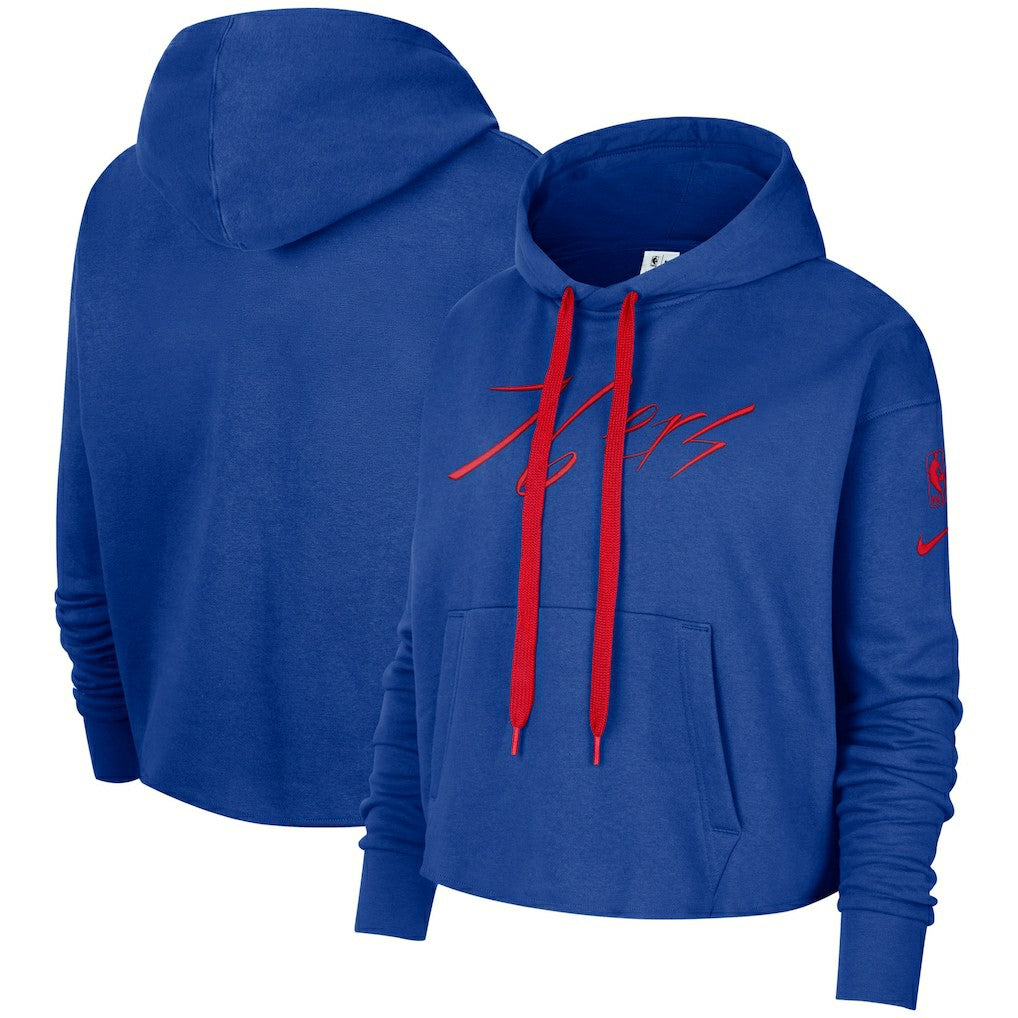 Philadelphia 76ers Women's Split Flip Courtside Cropped Pullover Hoodie Royal