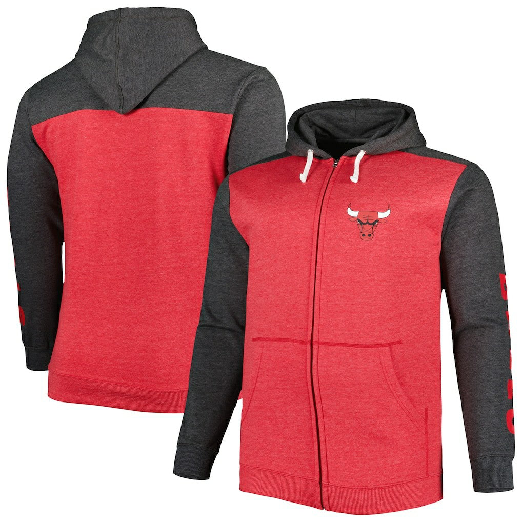 Chicago Bulls Big & Tall Down and Distance Full-Zip Hoodie Heathered Red/Heathered Black