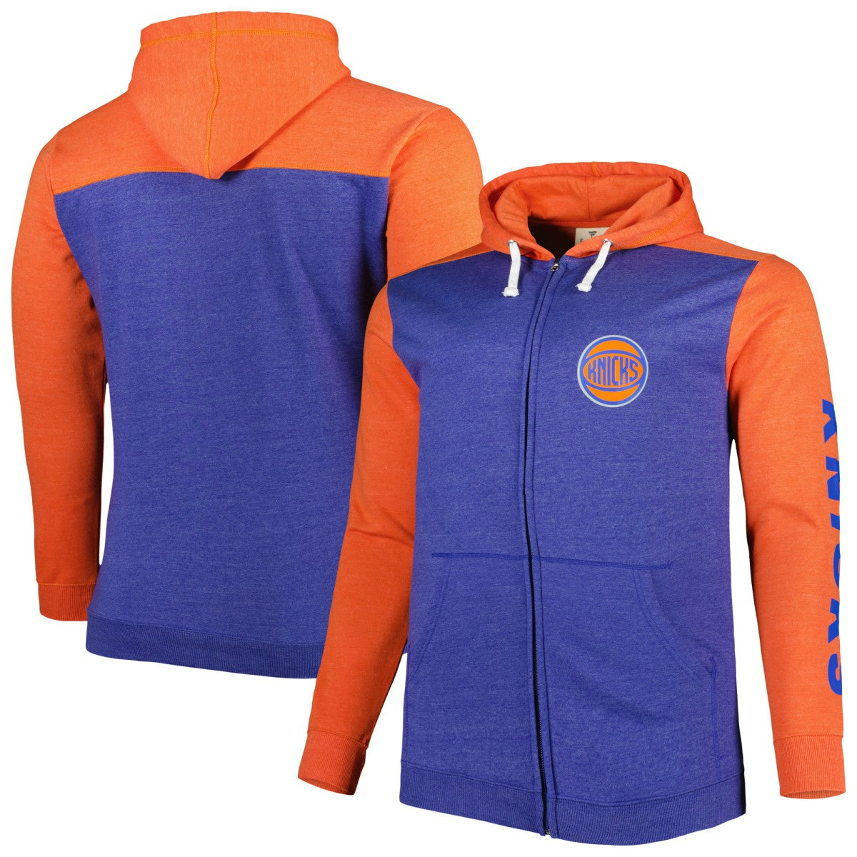 New York Knicks Big & Tall Down and Distance Full-Zip Hoodie Heathered Blue/Heathered Orange