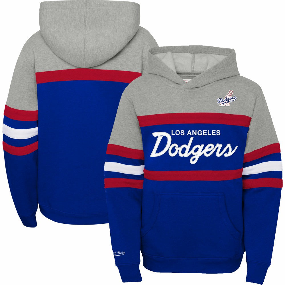 Los Angeles Dodgers Mitchell & Ness Youth Cooperstown Collection Head Coach Pullover Hoodie - Heather Gray/Royal Hoodies