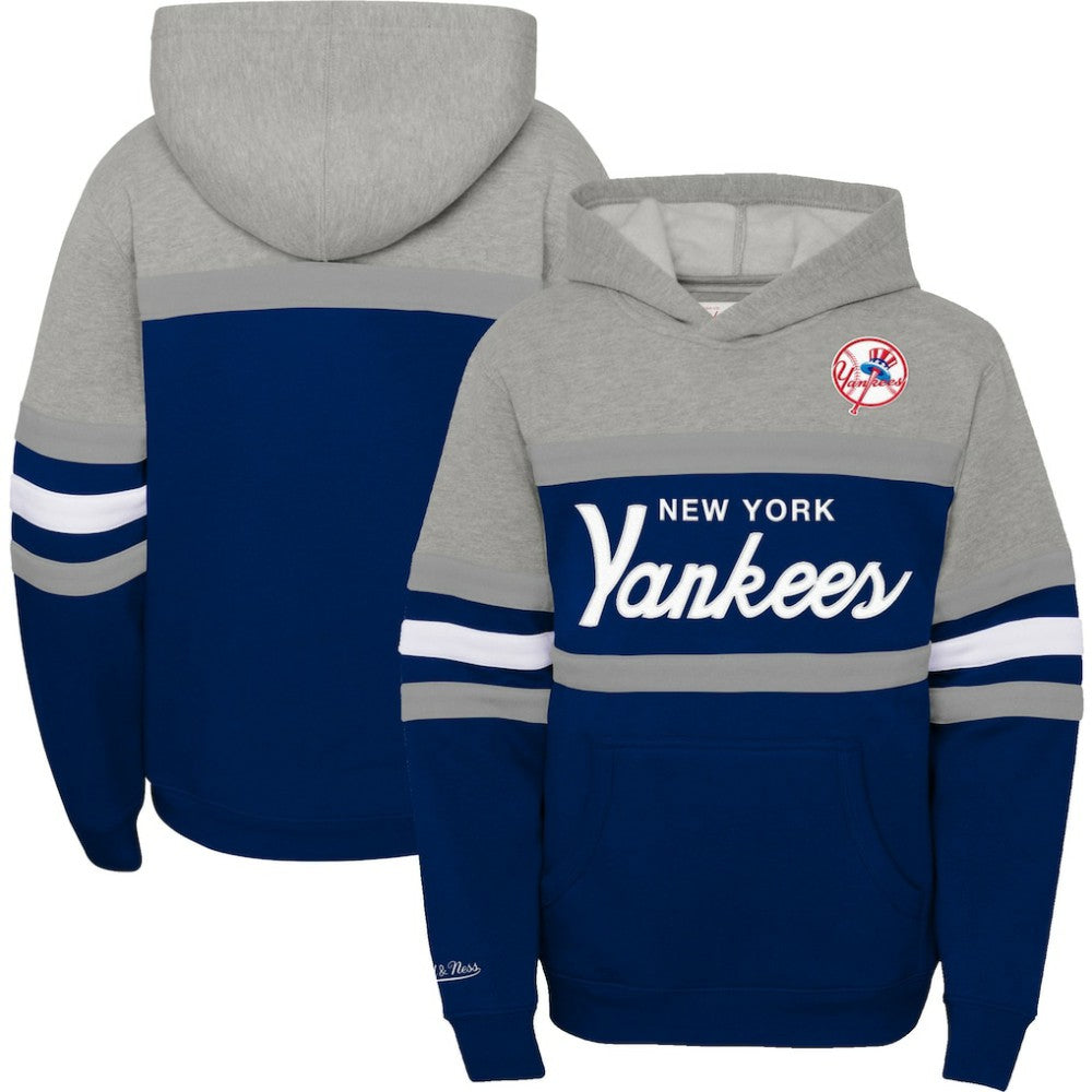 New York Yankees Mitchell & Ness Youth Cooperstown Collection Head Coach Pullover Hoodie - Heather Gray/Navy Hoodies