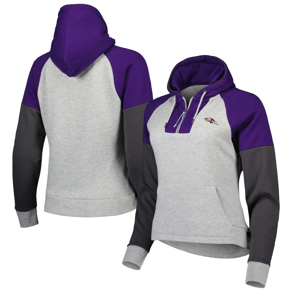 Baltimore Ravens Antigua Women's Lightweight Jackpot Raglan Half-Zip Pullover Hoodie Heather Gray