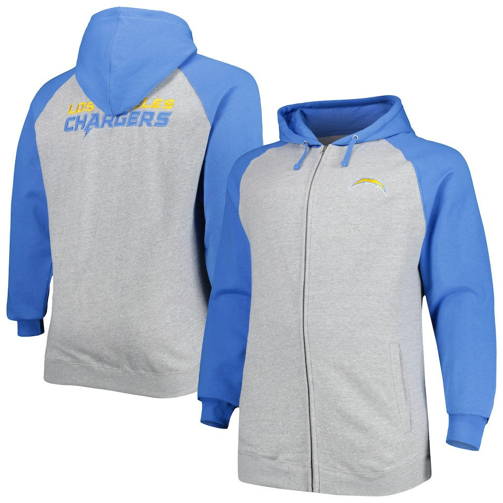 Los Angeles Chargers Big & Tall Fleece Raglan Full-Zip Hoodie Jacket Heather Gray