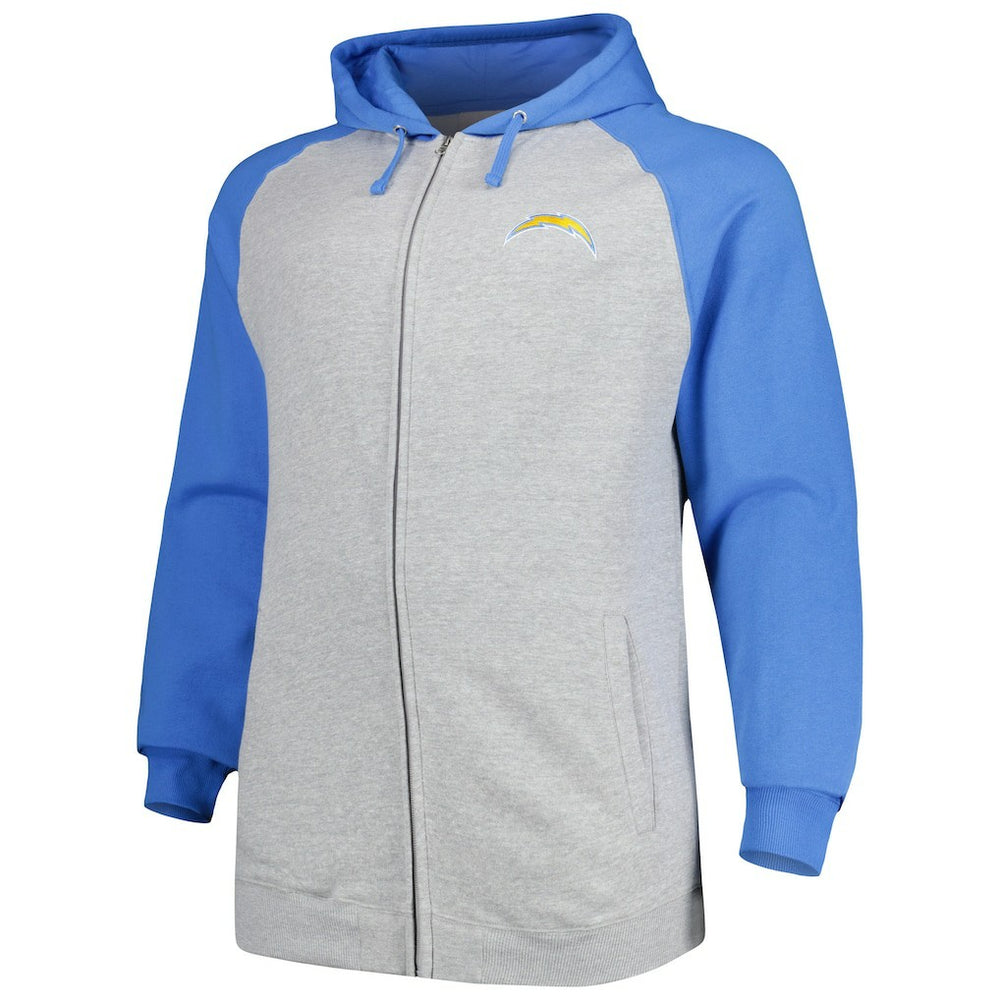Los Angeles Chargers Big & Tall Fleece Raglan Full-Zip Hoodie Jacket Heather Gray