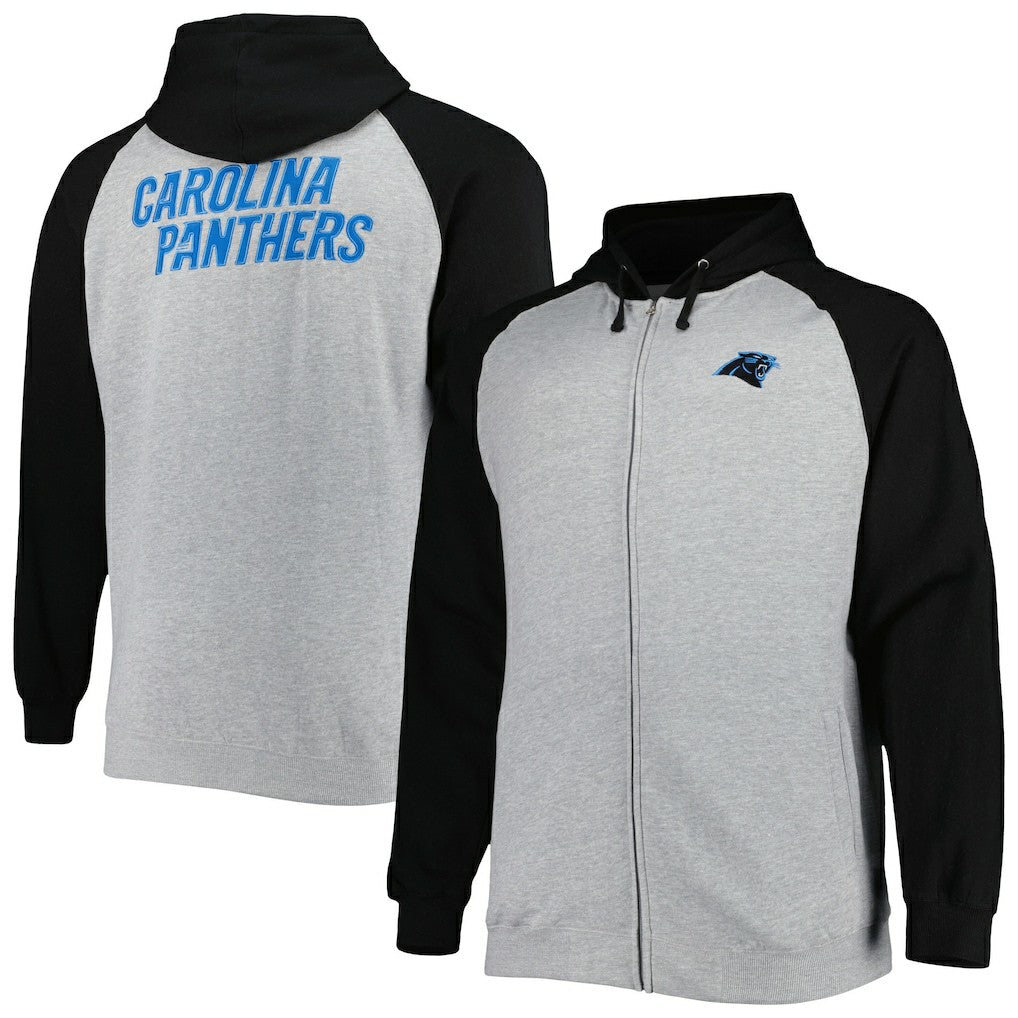 Carolina Panthers Big & Tall Fleece Raglan Full-Zip Hoodie Jacket Heather Gray