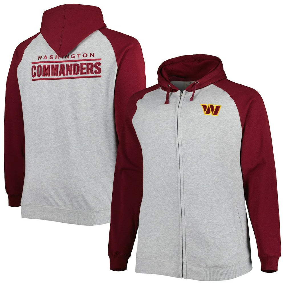 Washington Commanders Big & Tall Fleece Raglan Full-Zip Hoodie Jacket Heather Gray