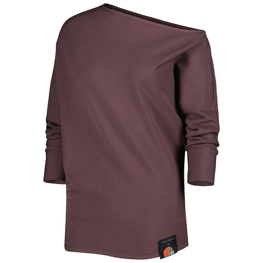 Cleveland Browns KIYA TOMLIN Women's Twisted Tri-Blend Asymmetrical 3/4-Dolman Sleeve Sweatshirt Brown