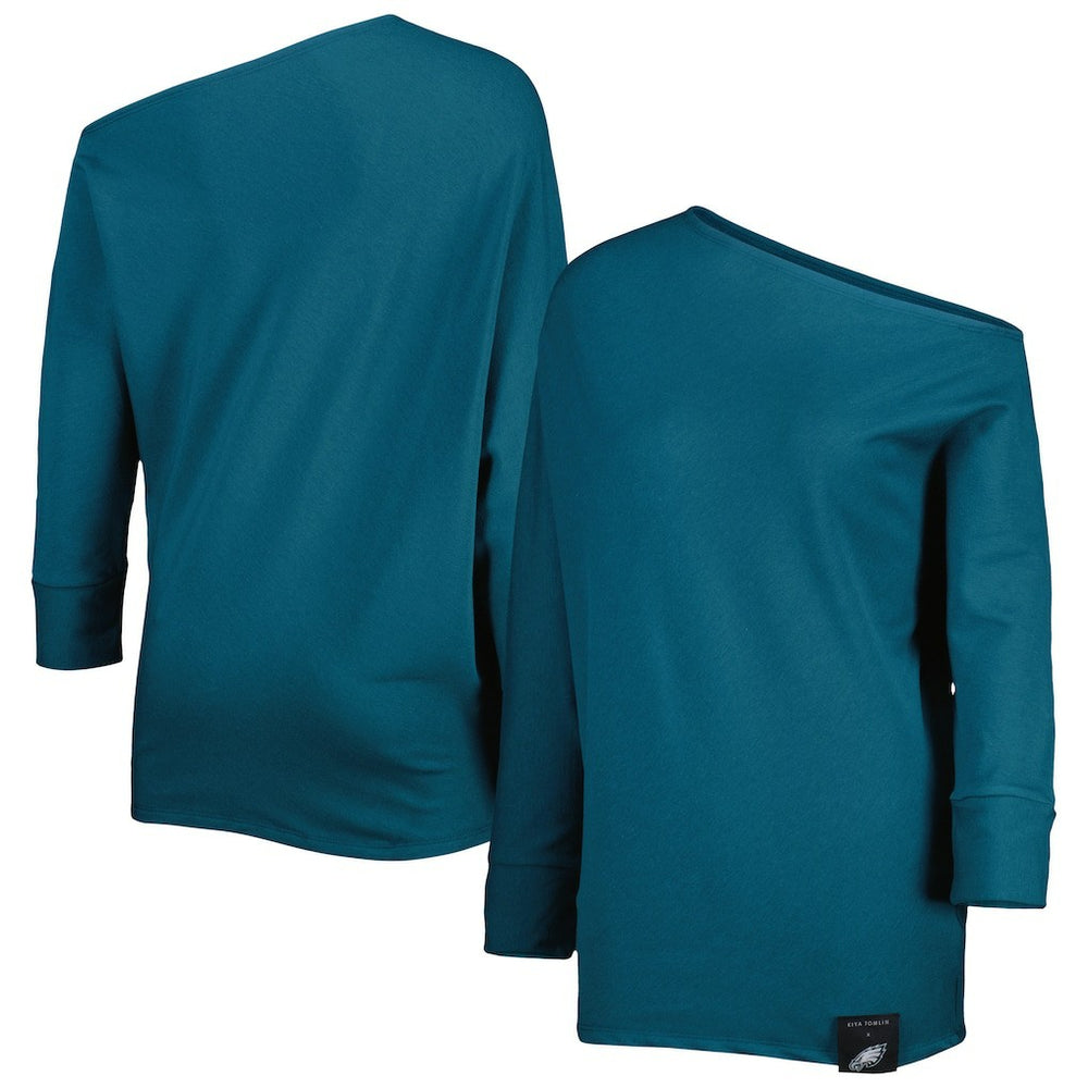 Philadelphia Eagles KIYA TOMLIN Women's Twisted Tri-Blend Asymmetrical 3/4-Dolman Sleeve Sweatshirt Midnight Green