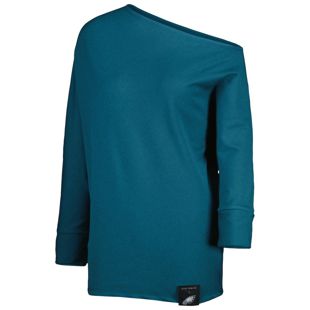 Philadelphia Eagles KIYA TOMLIN Women's Twisted Tri-Blend Asymmetrical 3/4-Dolman Sleeve Sweatshirt Midnight Green