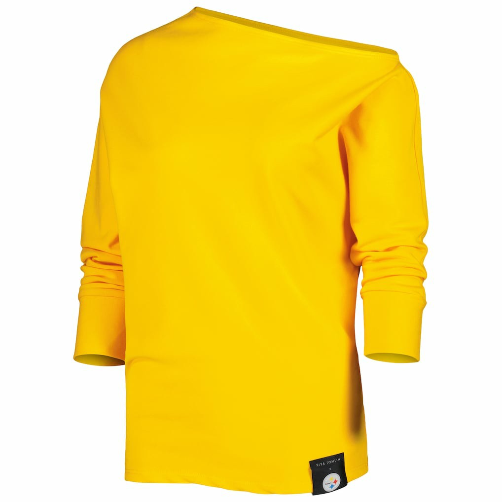 Pittsburgh Steelers KIYA TOMLIN Women's Twisted Tri-Blend Asymmetrical 3/4-Dolman Sleeve Sweatshirt Gold