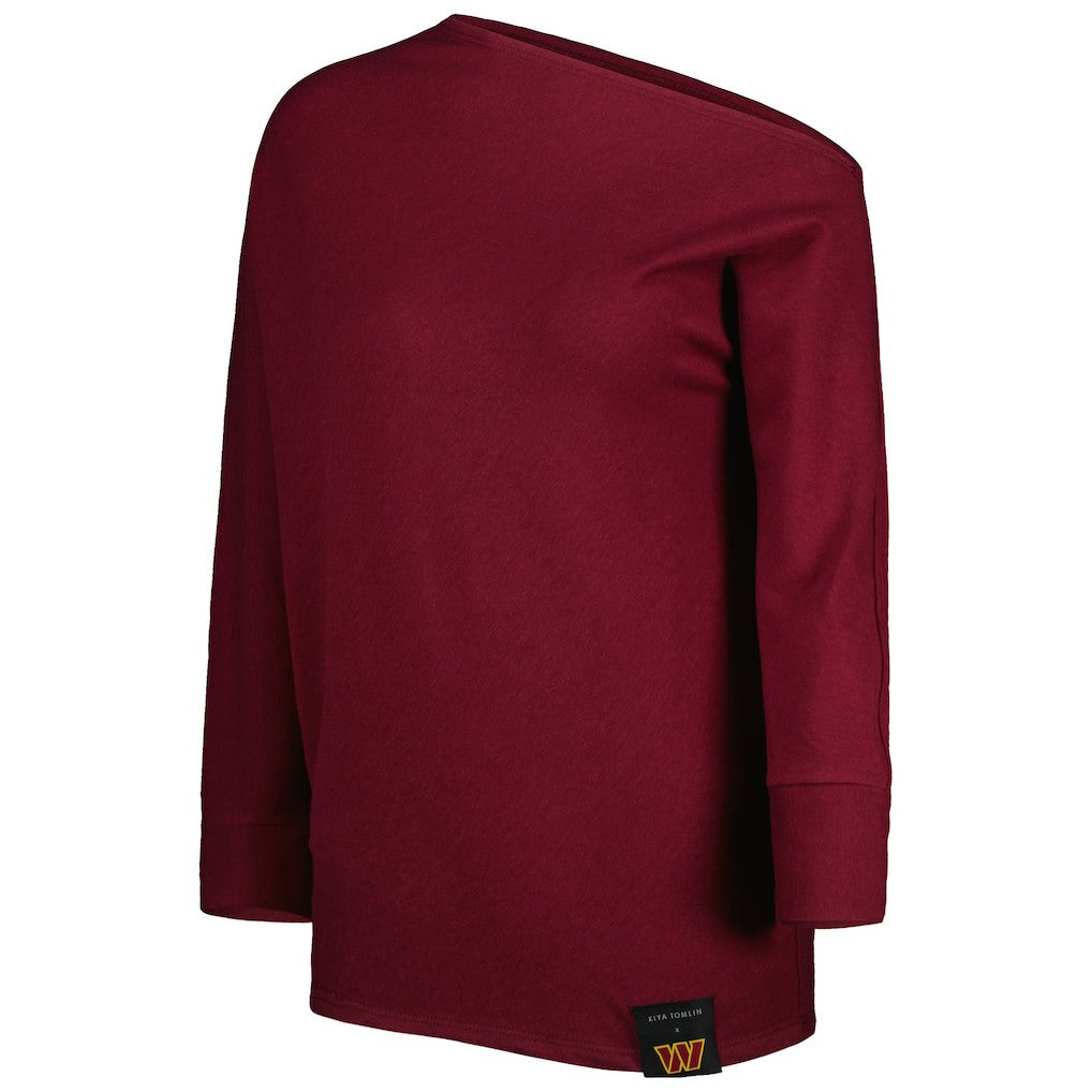 Washington Commanders KIYA TOMLIN Women's Twisted Tri-Blend Asymmetrical 3/4-Dolman Sleeve Sweatshirt Burgundy