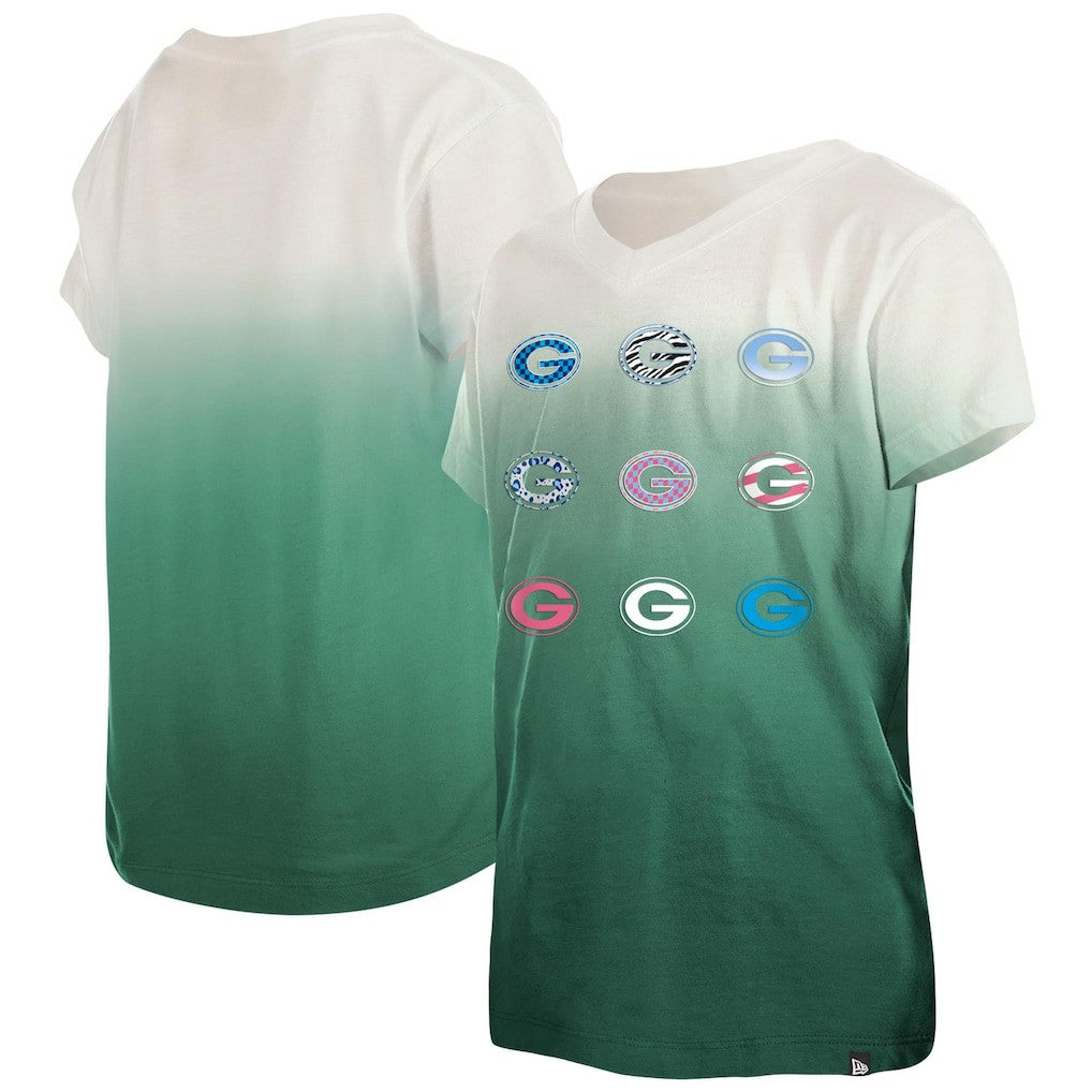 Green Bay Packers New Era Youth Multi Logo Ombre V-Neck T-Shirt Green